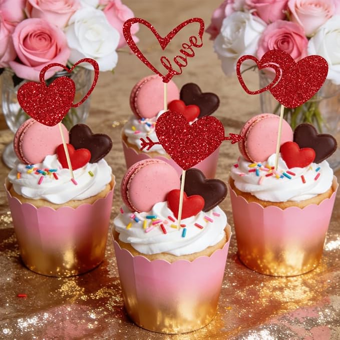 Valentines Cupcake Toppers, 24 PCS Glitter Red Heart Cupcake Picks, Valentines Cake Decorations Heart Love Food Picks Cupcakes Toppers for Valentine's Day Party Decorations Supplies
