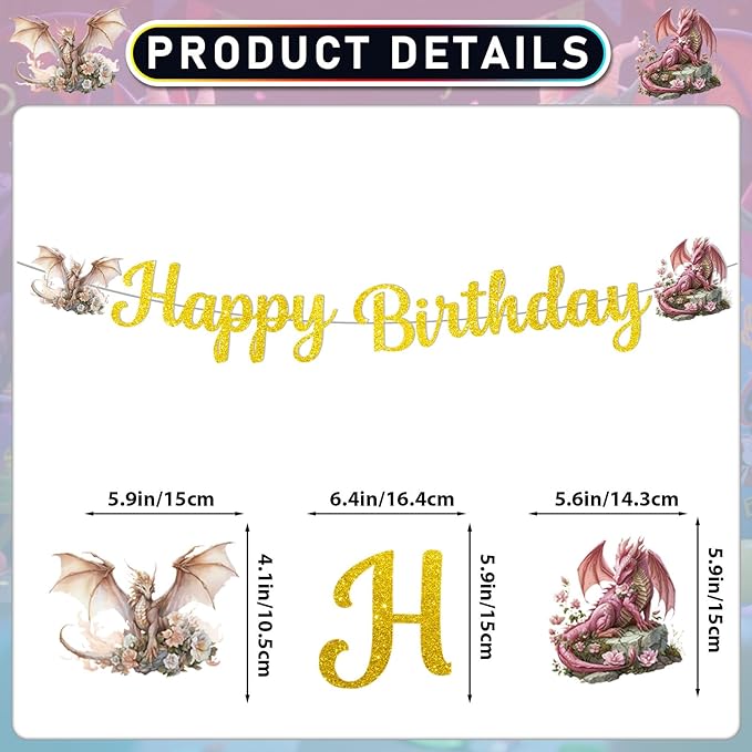 Dragon Birthday Party Decorations - Dragon Party Supplies Include Happy Birthday Banner Balloons Cupcake Topper and Hanging Swirls for Dragon's Theme Birthday Decorations