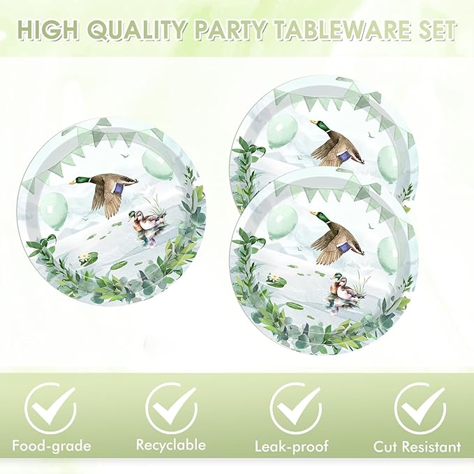 40PCS Lucky Duck Birthday Decorations Disposable Mallard Duck Hunting Birthday Party Supplies Tableware Set Include Paper Plates, Napkin for Duck Baby Shower Table Decorations, Serves 20