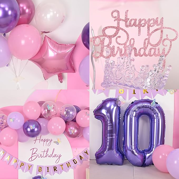 10th Birthday Decorations for Girl,Pink Purple 10th Butterfly Birthday Decorations 10th Birthday Balloons Pink Purple Birthday Banner Number 10 Balloons Cake Topper Butterfly Party Supplies for Girls