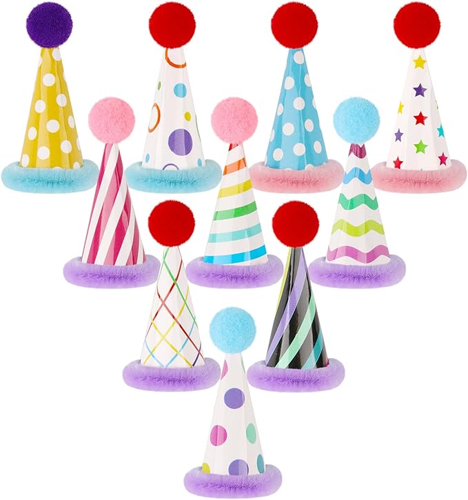 Mini Party Hats for Stuffed Animals Figures Cute Cake Cone Birthday Party Hats with Pom Poms Tiny Party Hats for Stuffed Animals Pets, Accessories