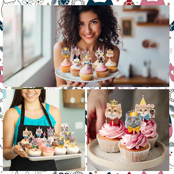 Cat Birthday Party Decorations - 40PCS Cute Cats Face Cupcake Toppers Decor Supplies for Pet Birthday Baby Shower