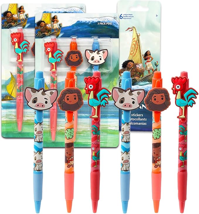 Disney Moana Party Favors Set for Kids - Bundle with 6 Moana Pens with Rubber Character Clip, 6 Sticker Sheets, and More | Moana Party Supplies for Boys and Girls