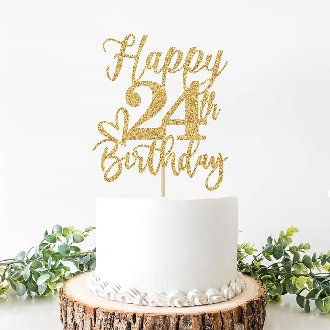 Gold Glitter Happy Birthday Cake Topper, Funny Party Supplies (24th Birthday)