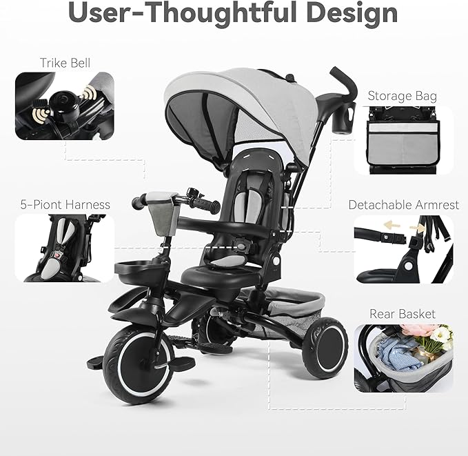 8 in 1 Kids Tricycle, Folding Toddler Tricycle w/Reversible Seat, Adjustable Push Rod & Canopy, Baby Trike Toddler Bike w/Bell, 5-Point Harness, Extra Storage, Cup Holder, Gray