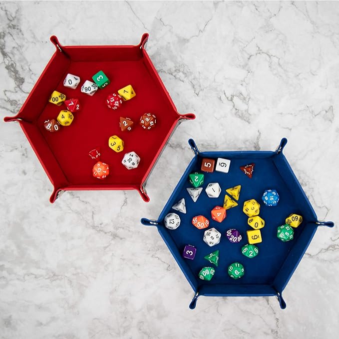 SIQUK 2 Pieces Dice Tray PU Leather Dice Folding Hexagon Tray Dice Holder for Dice Games Like RPG, DND and Other Table Games (Red and Royal Blue)