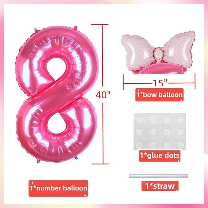 40 Inch Pink Number 8 Balloon with Mini Bow Balloon for Girls 8th Birthday Decorations, Pink Girl Princess Western Cowgirl Theme Birthday Party Balloons Decorations Supplies Favors