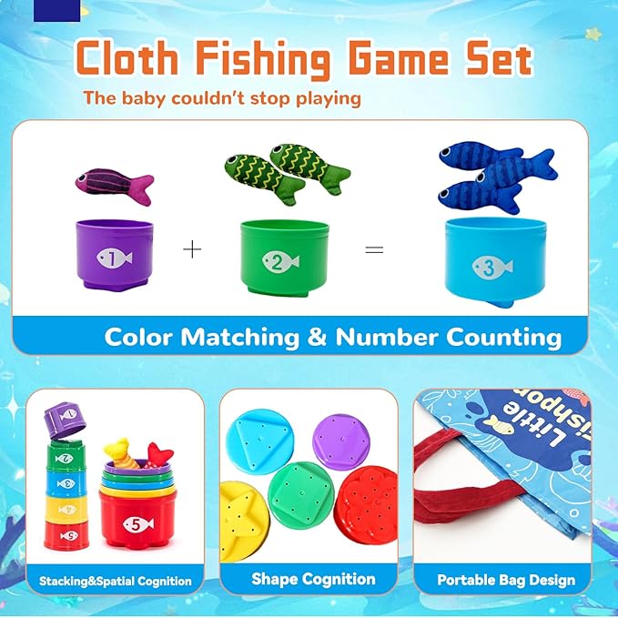 Montessori Toys for 1 Year Old, 22PCS Cloth Fishing Game with Stacking Cups Sensory Baby Toys 6-12 Months,Toddler Education Learning Toys for 1 2 Year Old Boy Girl Gifts (Fish)