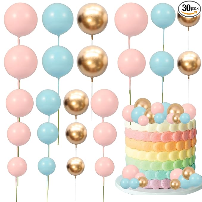 Gyufise 30Pcs Colorful Ball Cake Topper Mini Balloon Cupcake Topper DIY Foam Ball Gold Pink Blue Cake Insert Decoration for Wedding Anniversary Baby Shower Birthday Party Supplies