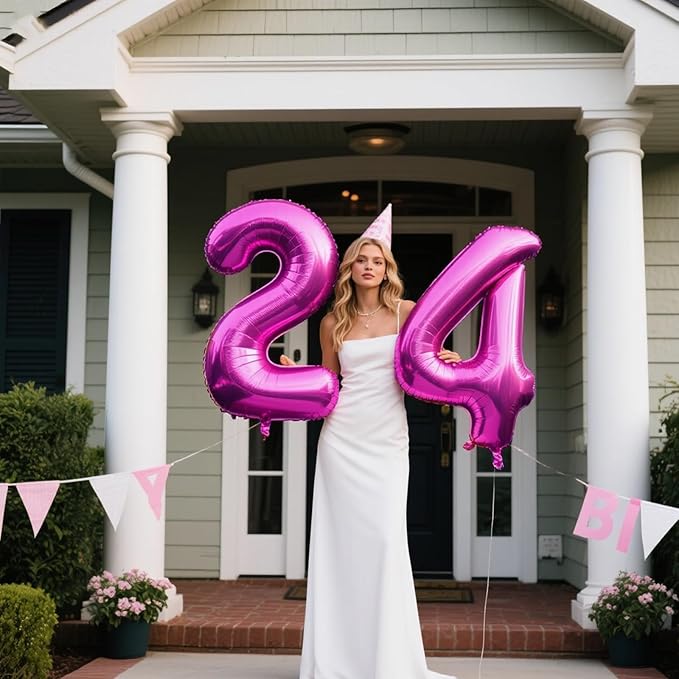 40 Inch Large 24 Balloon Numbers Rose Purple Big Foil Number Balloons Giant Helium Happy Birthday Party Decorations for Man and Women, Huge Mylar Anniversary Party Supplies