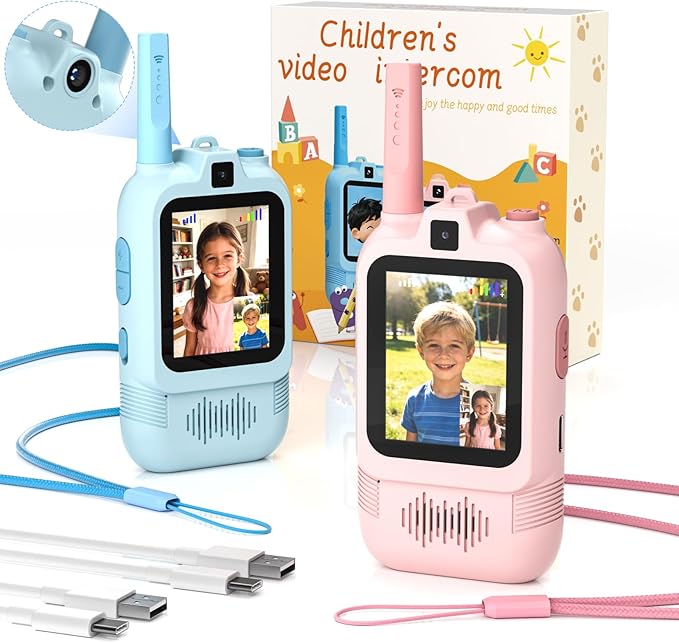 2 Pack Kids Video Walkie Talkies with Dual Cameras, Rechargeable Walkie-Talkie with Sticker Effect Photo/Voice Chat/Emoji Messaging, Gift for 3-12 Boys Girls to Family Fun Interaction