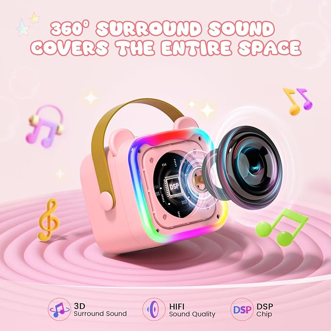 Mini Karaoke Machine for Kids,Portable Bluetooth Speaker with 2 Microphones,Music Player for Singing and Party,Ideas Birthday Toys Gifts for Girls Boys 3,4,5,6,7,8,9,10,11,12+ Years Old (Pink)