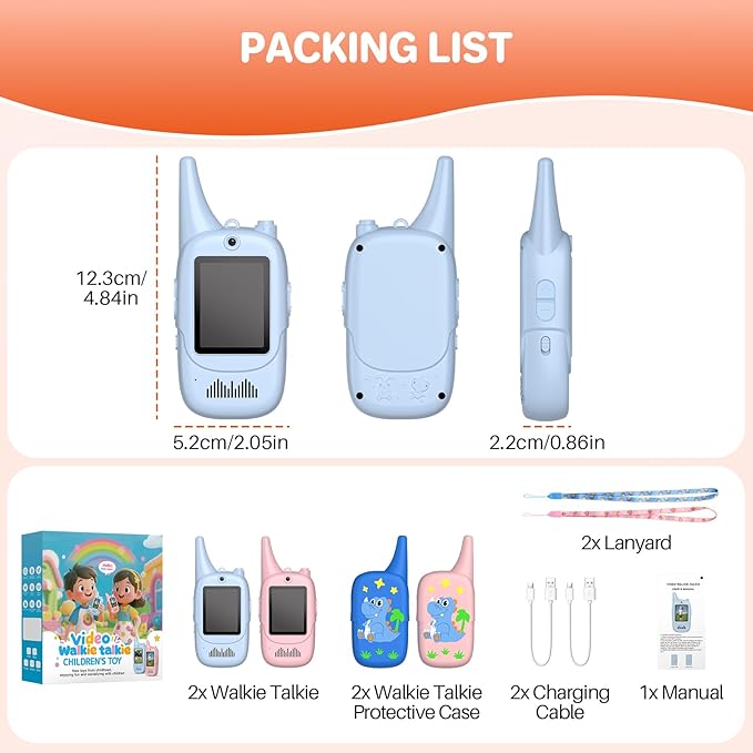 FUNYKICH 2PCS Video Walkie Talkies for Kids with Dinosaur-Themed Protective Case, Rechargeable Handheld Kids Video Intercom, Indoor Outdoor Toys for Games, Camping, Hiking for Boys Girls Ages 3-12