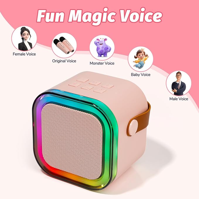 Mini Karaoke Speaker with 2 Wireless Microphones,Voice Effects,Led Lights, Portable Singing Machine for Ages 3,4,5,6,7,8,9,10,11,12+ Years Old Girl Birthday Gift, Kids Karaoke Machine (Pink)