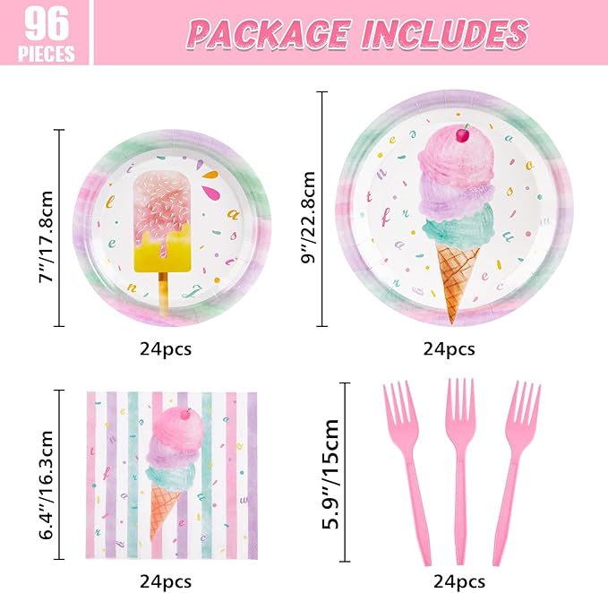 WERNNSAI Ice Cream Party Supplies - 96 PCS Ice Cream Plates Napkins and Forks Pink Popsicle Themed Party Tableware Decorations for Girls Birthday Pool Summer Baby Shower Serves 24 Guests