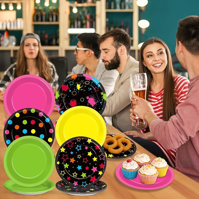 60Pcs Neon Birthday Party Plates Glow in the Dark Disposable Paper Dessert Plates for Neon Glow Birthday Decorations Party Tableware Set for Kids Back to 80S 90S Blacklight Baby Shower Supplies