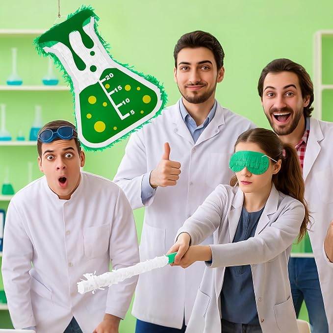 Soulchen Mad Scientist Science Beaker Piñata with Rod and Mask Blindfold 15.75 x 11.8 x 3.5 Inches for Science Party Halloween Decorations Birthday Party Supplies Games