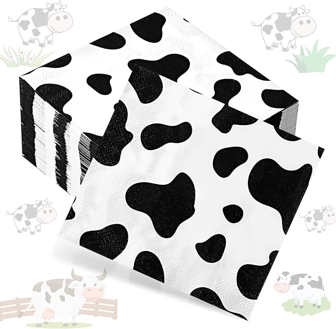 Chengu 100 Pieces Cow Print Napkins 2 Layers Cow Print Party Supplies Farm Animal Napkins for Animal Themed Birthday Party Western, 5 x 5 Inches