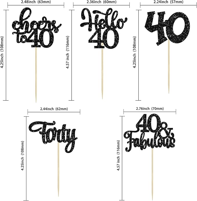 30pcs Happy 40th Birthday Cupcake Toppers - Black Glitter Forty Cheers to 40 Years Old Cupcake Picks for Anniversary Party Cake Decorations
