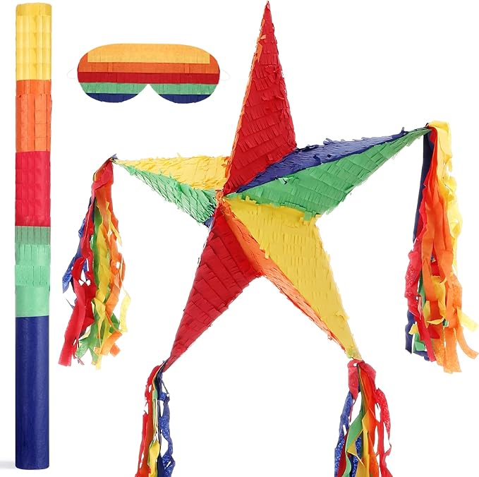 Hanaive Foil Star Piñata with Blindfold and Bat for Birthday Foldable Star Shape Piñata with Stick Festive Fiesta Party Supplies Favors for Mexican Party(Multicolor)