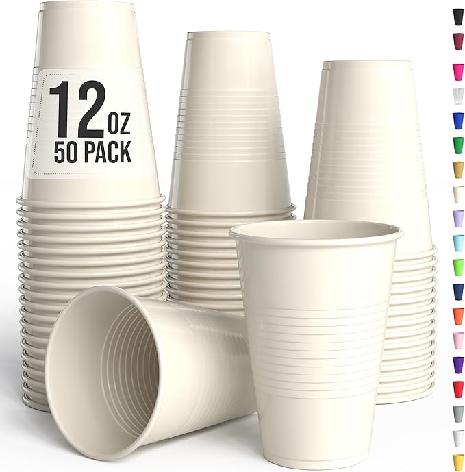 Exquisite Party Solids 12 Oz Ivory Plastic Cups For Party Supplies 50 Pack | Ivory Disposable Cups Plastic | Disposable Drinkware For Parties, Events & Everyday