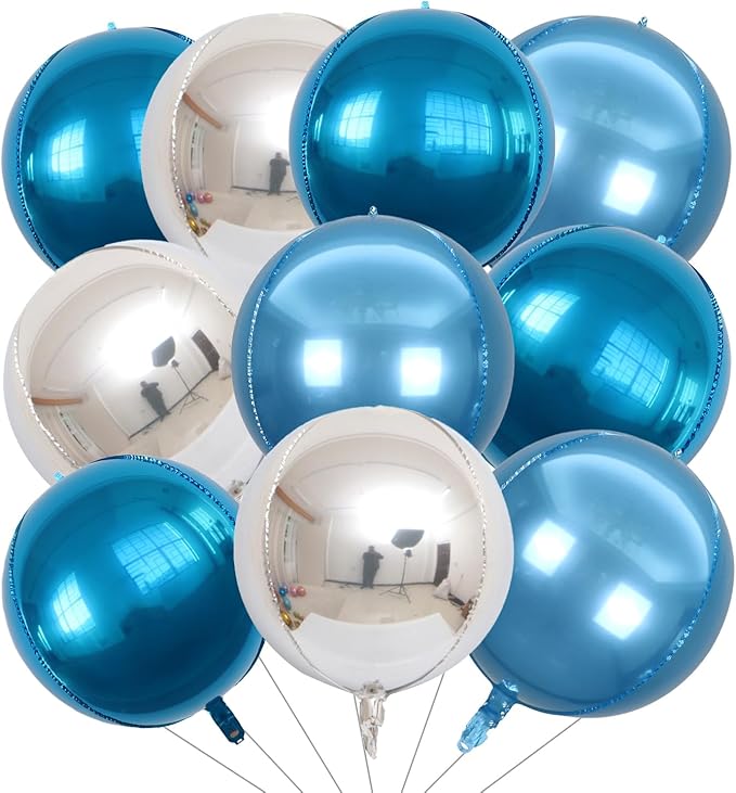 KALOR 22 Inch Blue and Silver Foil Balloons, 10 Pcs Large 4D Giant Round Metallic Foil Balloon for Birthday Party Baby Shower Graduation Party Decorations