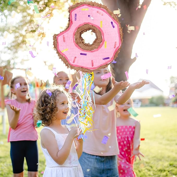 WERNNSAI Donut Piñata - Pink Donut Piñata with String Birthday Party Decorations Piñata with Stick Blindfold for Girls Kids Dount Pull String Piñata Family Games Birthday Party Supplies