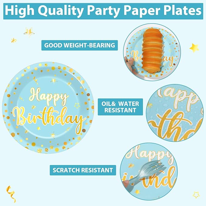 CHUNNIN 96PCS Blue Birthday Plates and Napkins Birthday Party Decorations Light Blue and Gold Dessert Plates Tableware for 24 Guests Kids Party Supplies