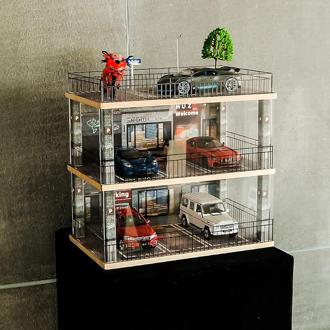 1:24 Scale Car Model Display Case with Parking Lot Scene for Sports Car and Lego Collectors, Display Stand for Alloy Car Model Toy with Light (3-Tiers Coffee Shop Parking Lot)