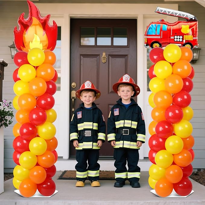 2 Sets Fire Party Balloon Column Stand Kit With 102 Fire Truck Foil Balloons 5.57Ft Adjustable Balloon Tower Stand With Base Adjustable Arch Column for Firefighter Rescue Birthday Party Supplies