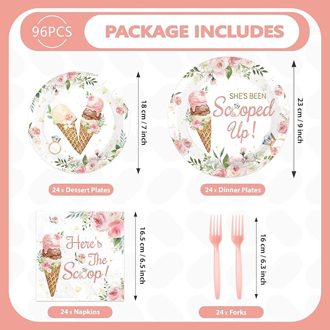 96 Pcs Ice Cream Bridal Shower Decorations Disposable She's Been Scooped Up Paper Plates and Napkins Pink Floral Tableware Set for Women Bridal Shower Wedding Engagement Bachelorette Party Supplies