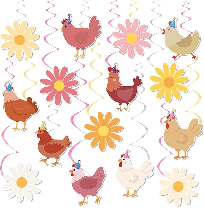Chicken and Daisy Hanging Swirls Chicken Birthday Decorations 20PCS Daisy Chick Ceiling Hanging Decor Farm Animals Streamers for Boys Girls Boho Floral Hen Baby Shower Party Supplies