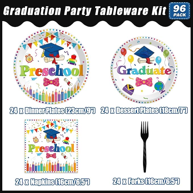 96pcs Preschool Graduation Party Plates and Napkins Set, Pre-K Grad Party Supplies Decorations Preschool Kindergarten Graduation Disposable Paper Plates for Boys Girls, Serves 24 (White)