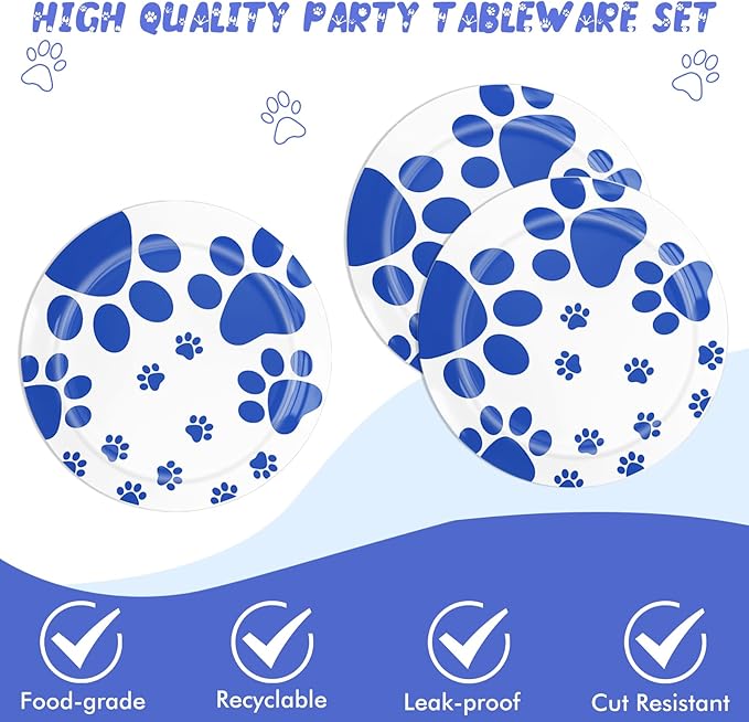 41PCS Blue Dog Paw Prints Birthday Party Supplies Include Plates Napkins Tablecloth Pet Party Decorations for Puppy Theme Party Picnic Baby Shower
