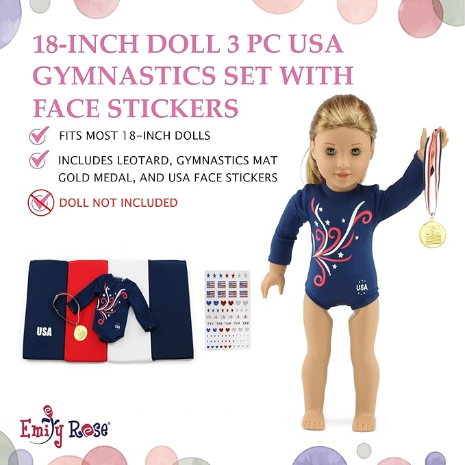 Emily Rose 18 Inch Doll Gymnastics Outfit 4-Piece Gymnast Playset | Leotard, Tumbling Mat, Gold Medal & Face Stickers | USA Brand, Premium Quality 18” Doll Clothes & Accessories