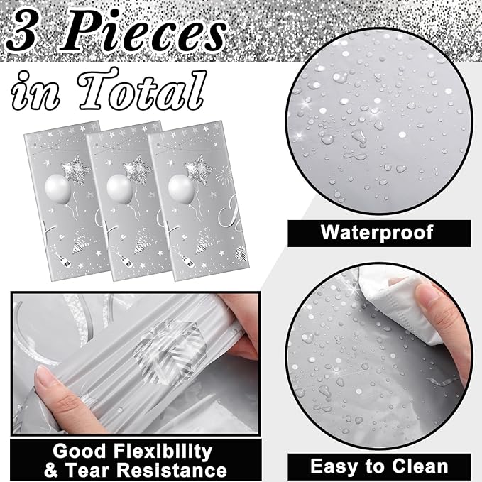Tudomro 3 Pcs Happy Birthday Tablecloths Happy Birthday Party Decorations Plastic Table Cover Rectangular Cloths for Women Men Baby Shower Party Supplies, 108 x 54 Inch (Silver)