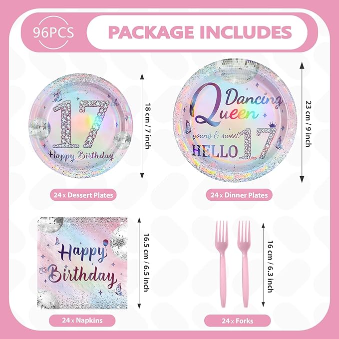 96Pcs 17th Birthday Party Decorations for Girls Dancing Queen Plates and Napkins Iridescence Silver Pink 17th Tableware for Girls Dancing Queen Seventeen Birthday Party Decorations Serve 24