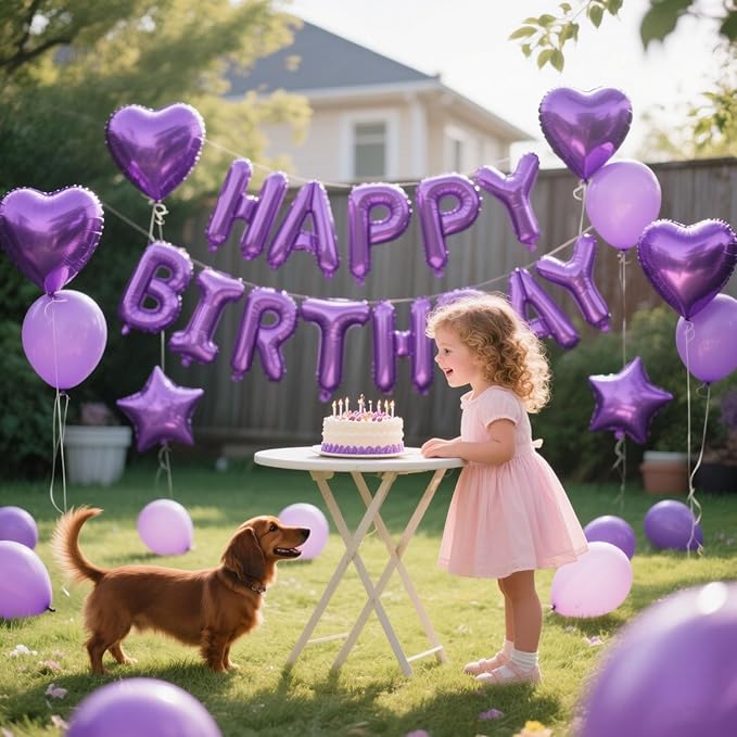 27 Pcs Purple Birthday Decorations, 3D Letters Dark Purple Happy Birthday Balloon Banner, Pentagram Heart Foil Balloons Confetti Balloons Kit For Boys Girls Party Supplies