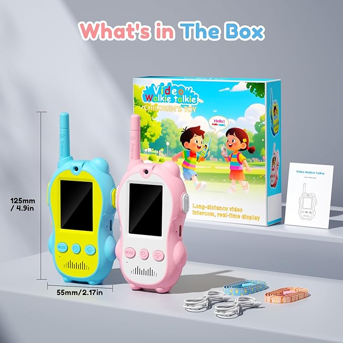 Video Walkie Talkies for Kids, 2 Pack Rechargeable Video Call Toys with 2'' Screen, Long Range 2-Way Radios, Voice Changer & Sticker Effects, Indoor, Outdoor Camping Gift for Boys Girls Age 3-12