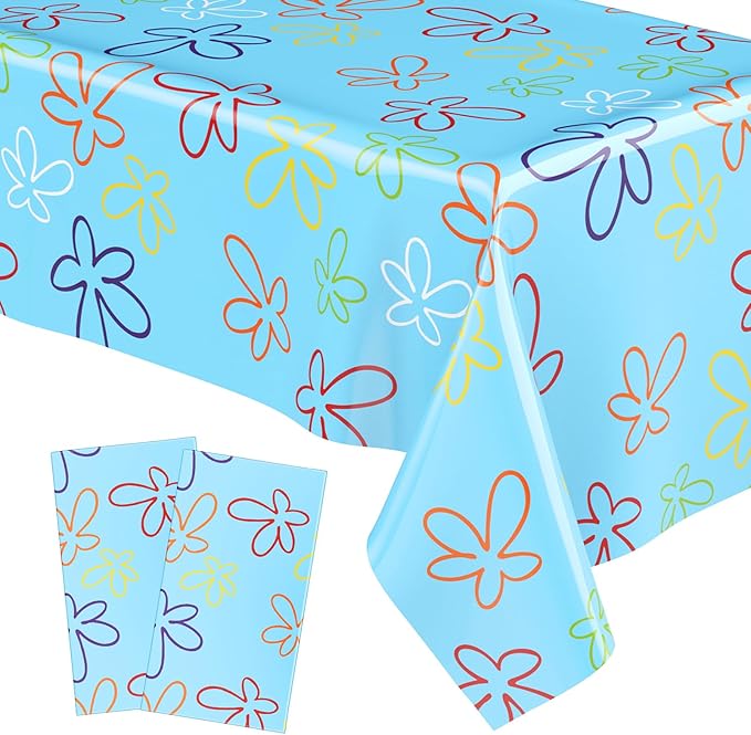 Oudain 2 Sheets Sponge Birthday Party Supplies Blue Ocean Flower Tablecloth 54 x 108 Inch Plastic Table Covers for Birthday Party Decorations