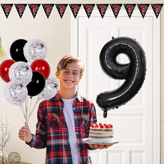 9th Birthday Decorations for Boys Girls, Red Black Happy 9th Birthday Decorations, Boy 9 Year Old Bday Door Banner, Triangle Flag, Large Number 9 Balloons Bday Party Decoration for Kids