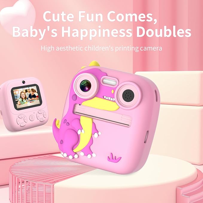 OKYUK Kids Camera Instant Print, OKYUKKLXJ-2, Instant Film Camera with 32GB TF Card, Dinosaur Selfie Camera, Birthday Gift