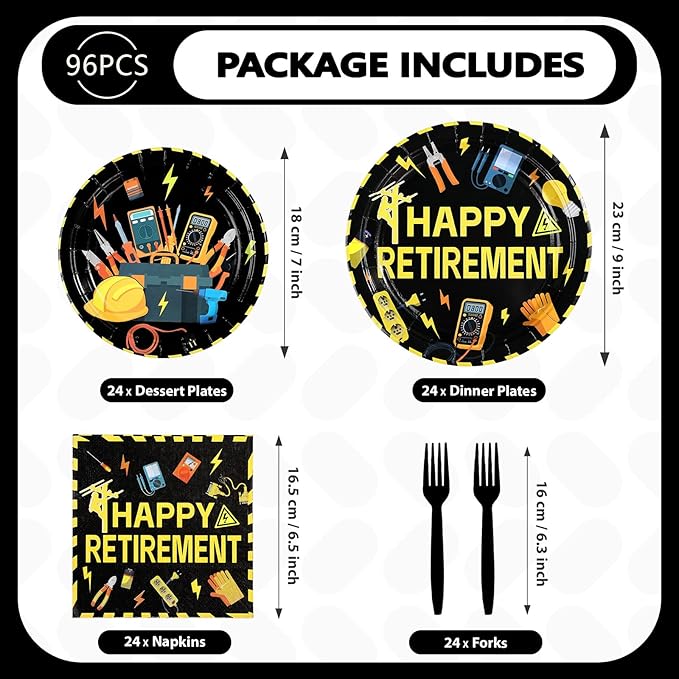 96Pcs Electrician Retirement Party Decorations Power Electrician Retired Lineman Plates and Napkins Tableware Set Wire Gloves Bulb Switch Theme Decor for Boys Man Farewell Party Supplies Serves 24