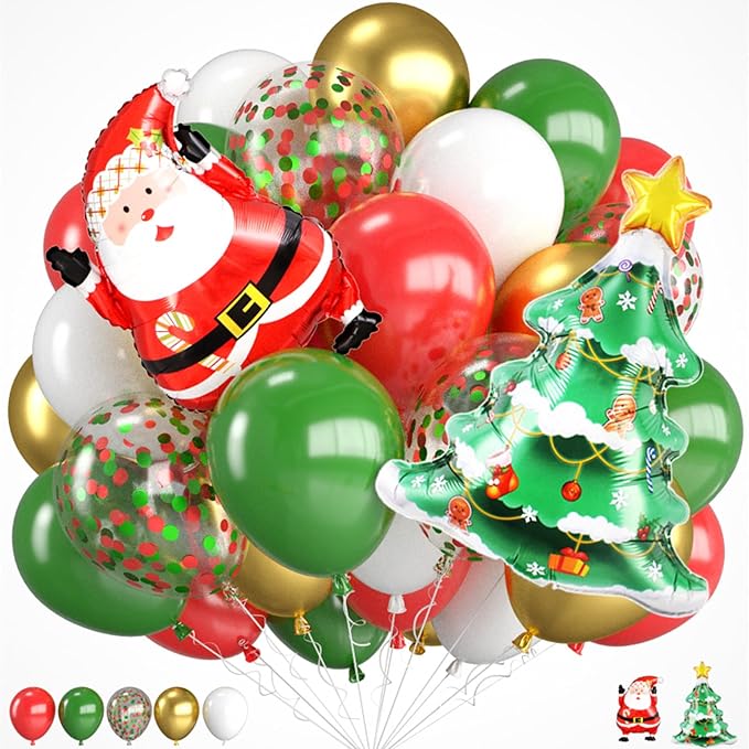 Christmas Balloons,12 Inch Red Green Gold and Christmas Tree Santa Foil Balloon with Ribbon,for Party Xmas Gifts School Classroom Game New Year Decorations