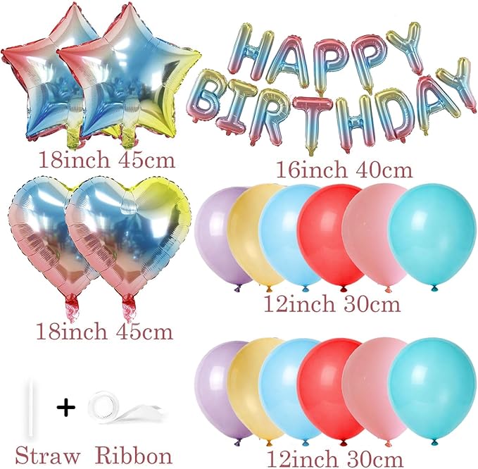 27 Pcs Iridescent Birthday Decorations, 3D Letters Iridescent Happy Birthday Balloon Banner, Pentagram Heart Foil Balloons Confetti Balloons Kit For Boys Girls Party Supplies