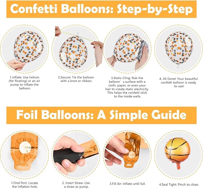 Basketball Balloons, Orange Black Metallic Silver Confetti Balloons with Basketball Foil Balloon for Boy Birthday Sport Party Graduation Baby Shower Backdrop