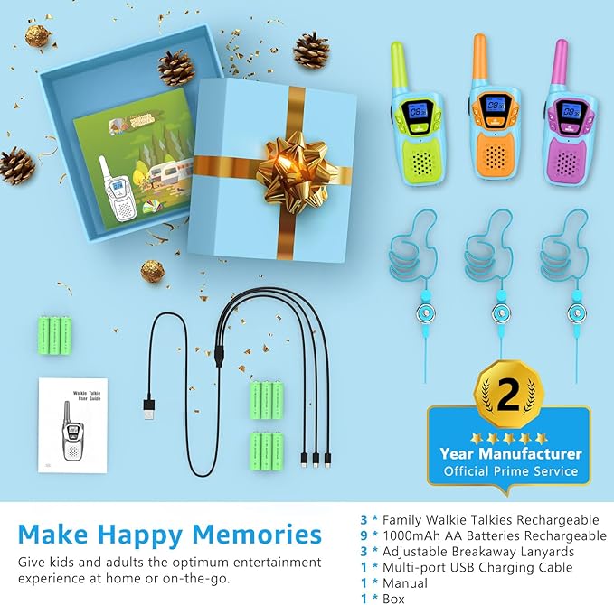 Walkie Talkies for Kids Adults Long Range Rechargeable 3 Pack, FRS 2 Way Radio Toy for 3-12 Year Old Boys Girls Toddlers, Shockproof NOAA Walkie-Talkie for Family Camping Skiing Cruise