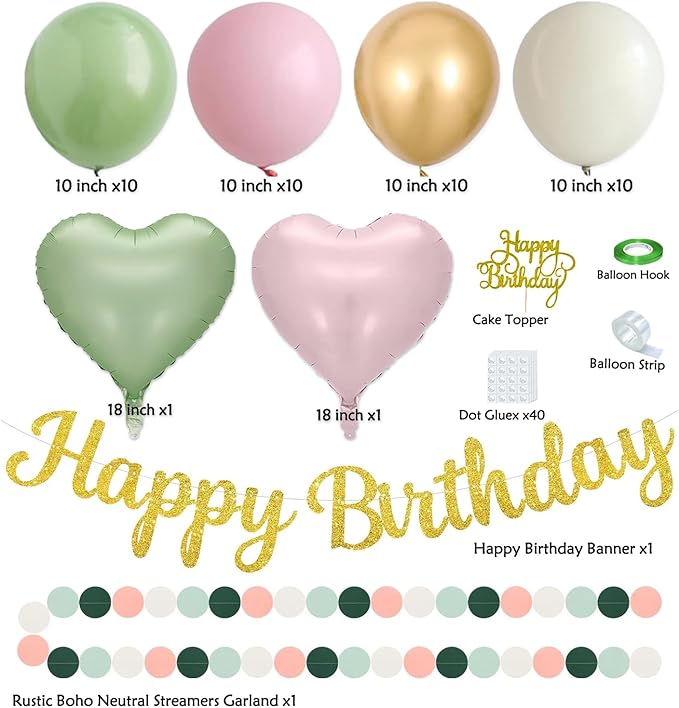 Sage Green Pink Birthday Decorations - 62pcs Happy Birthday Banner, Olive Retro Beige Paper Lanterns Pom Poms, Green Pink Balloons , Neutral Streamers Garland, Birthday Decorations for Women Girl Boys