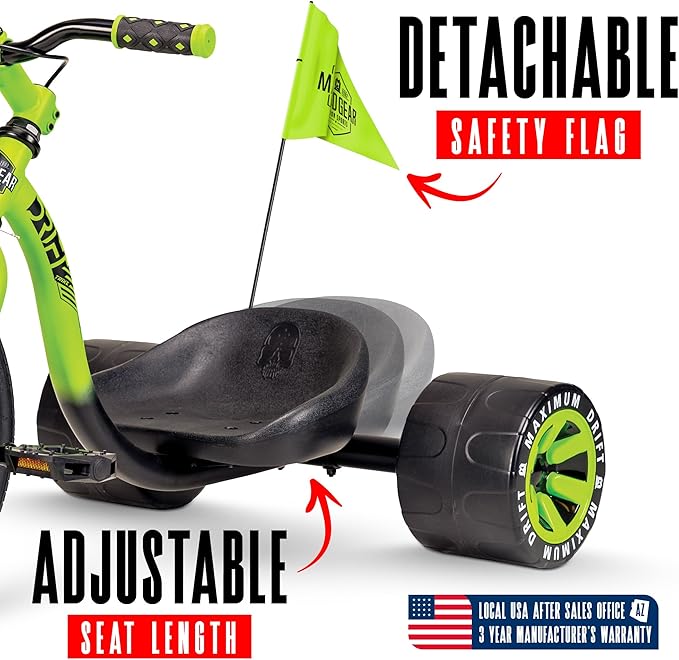 Drift Trike for Kids Ages 5+ – 16" Front Wheel Ride-On with Adjustable Seat, Steel Frame, Rear Slick Drift Wheels & Safety Flag – Madd Gear