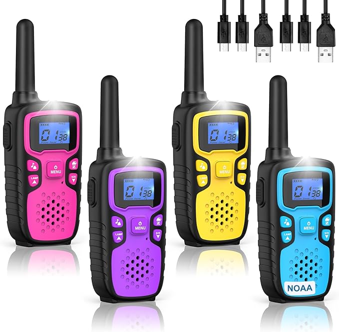 Wishouse Walkie Talkies for Kids Rechargeable Long Range,Xmas Birthday Gift for 5 6 7 8 9 10 11 12 Year Old Boys Girls,Hiking Gear Camping Games with NOAA,SOS Siren,Lamp,Lanyards,Easy to Use,4 Pack
